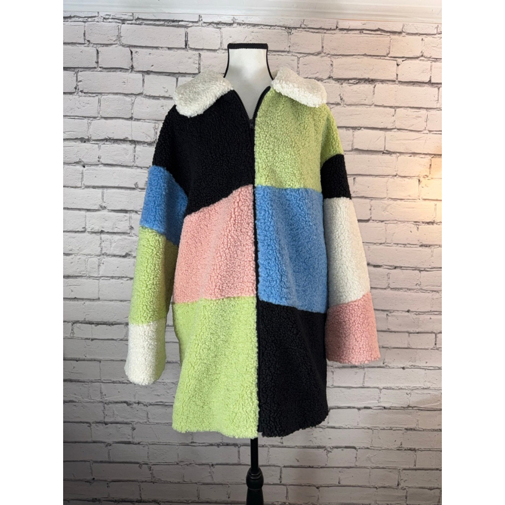 Gorman Colorblock Mod Teddy Bear Sherpa Coat size 12 Large Green Pink Black